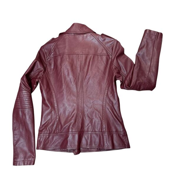 Guess Faux Leather Maroon Zip Up Women's Moto Jacket - Picture 2 of 7